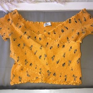 Super cute yellow and white off the shoulder crop